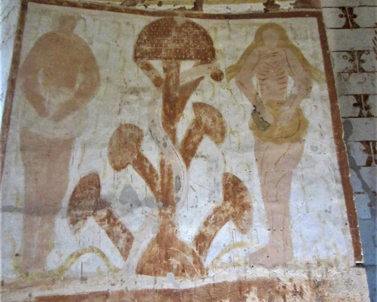 Fresque murale de la chapelle de Plaincourault, arbre de la connaissance en forme d'amanite tue-mouches